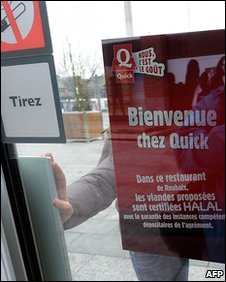 Sign advertising Halal meat at a Quick restaurant in Roubaix, France, 17 February 2010